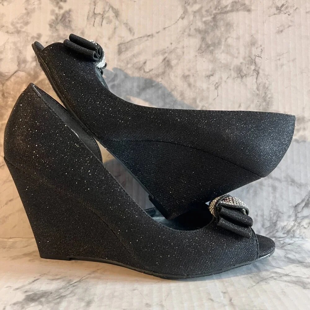 Nina Veleria Wedges Size 7 Black Glitterati‎ Rhinestone Detail Open Toe …